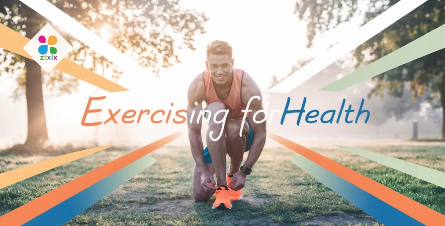 ชายหนุ่มผูกเชือกรองเท้าวิ่งในสวนยามเช้า พร้อมข้อความ “Exercising for Health” สื่อถึงการเริ่มออกกำลังกายเพื่อสุขภาพกาย