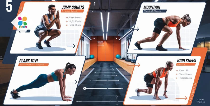 แนะนำท่าออกกำลังกาย Jump Squats, Mountain Climbers, Plank to Push-Up, และ High Knees ในยิมเพื่อเผาผลาญไขมัน